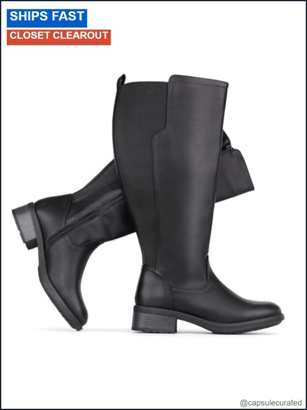 Extra Wide Calf Knee High Boots Side Zip Stretch Panel Faux Leather Block Heel